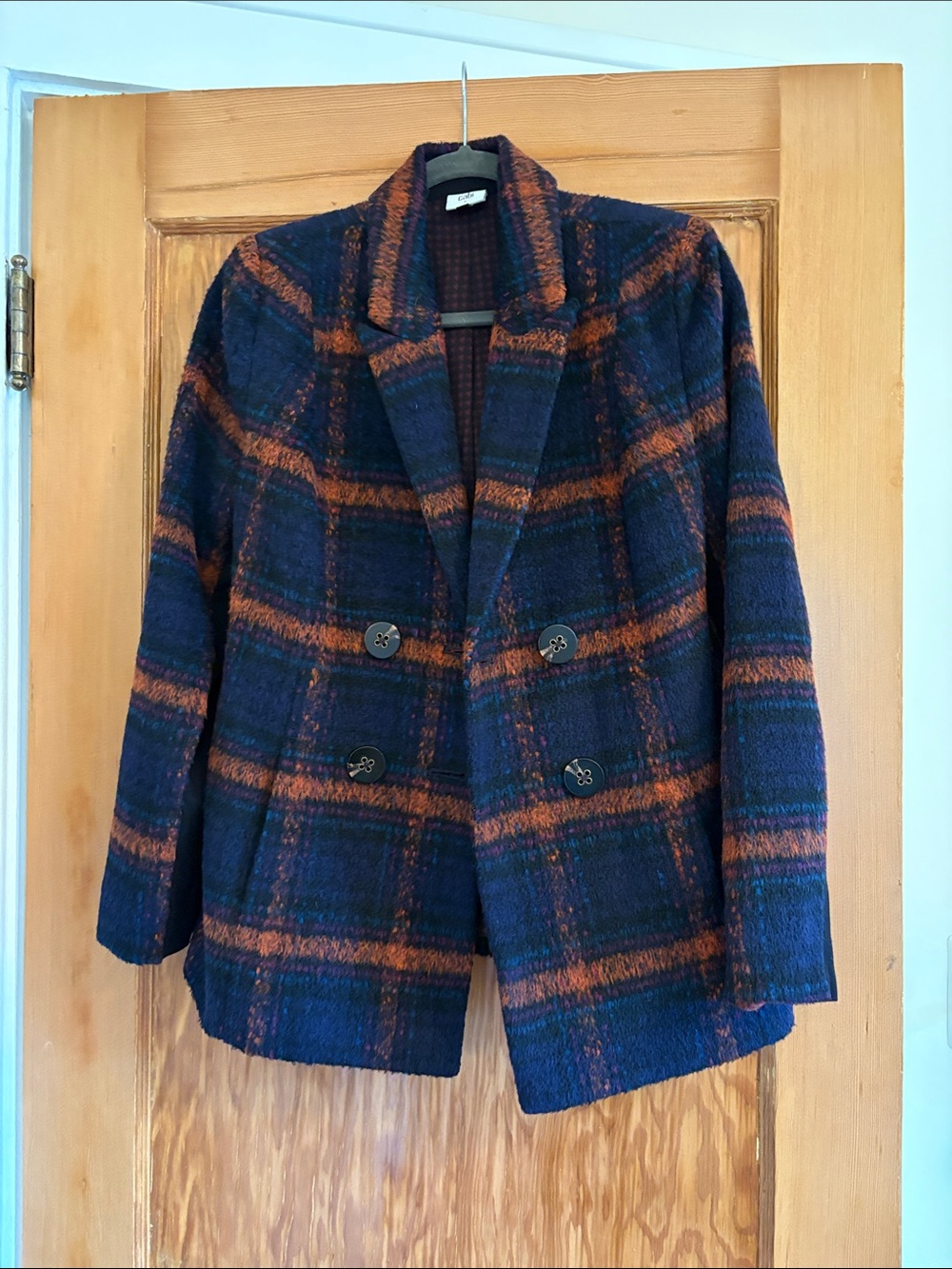 CAbi Navy & Rust Plaid Double-Breasted Blazer